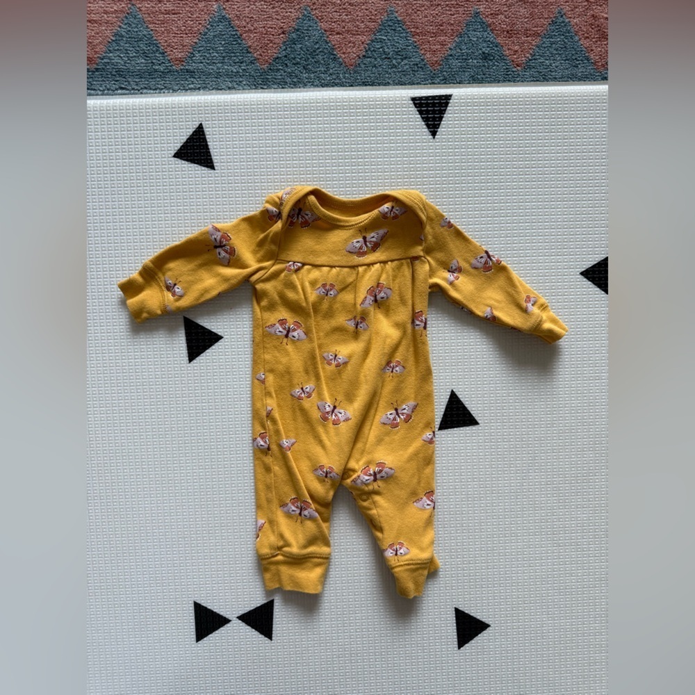 Carters|Baby girl mustard Yellow long sleeve cotton jumpsuit in Butterfly Print•